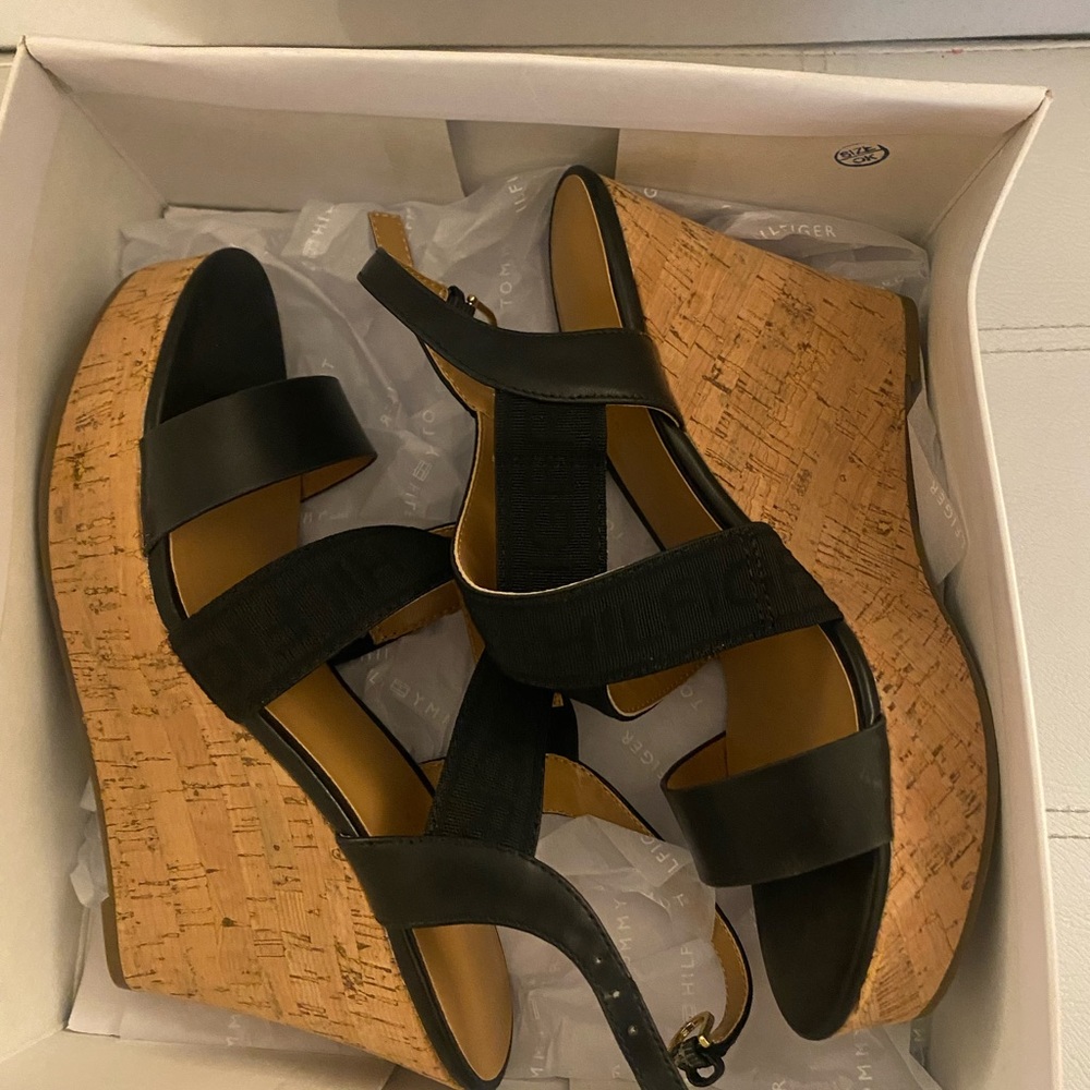 Tommy Hilfiger Black Wedge Sandals with Cork Platform